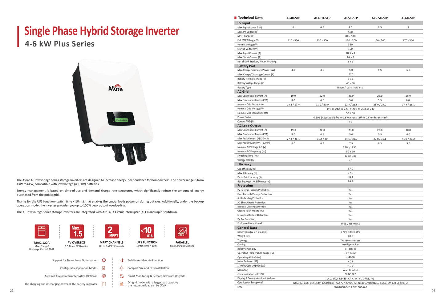 Afore Hybrid ON/OFF Grid Solar Inverter 3kw / 6kw