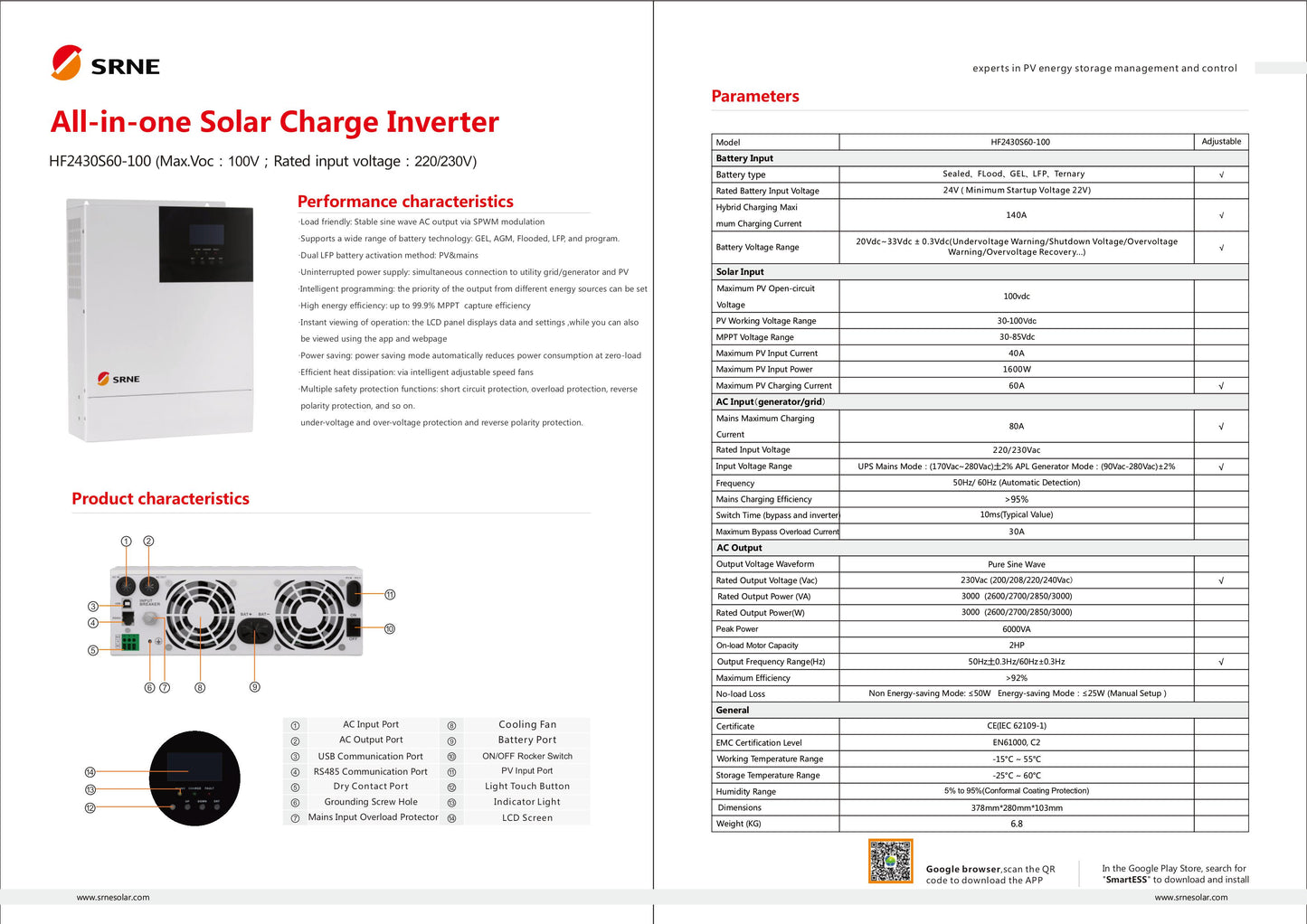 SRNE Hybrid Off Grid Solar Inverter 3kw 24v HF2430S60-100