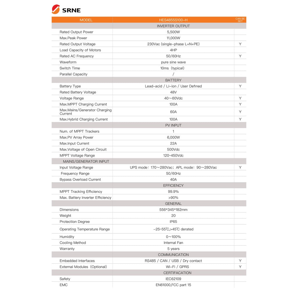 SRNE Hybrid On Grid Solar Inverter 5.5kw 48v HES Series