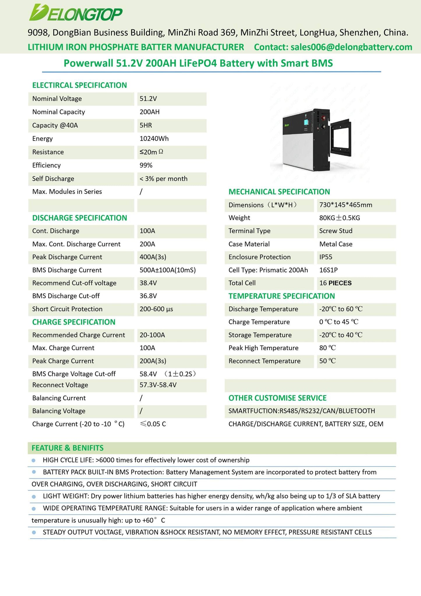 Delongtop Lifepo4 Powerwall Battery 51.2v, 200AH