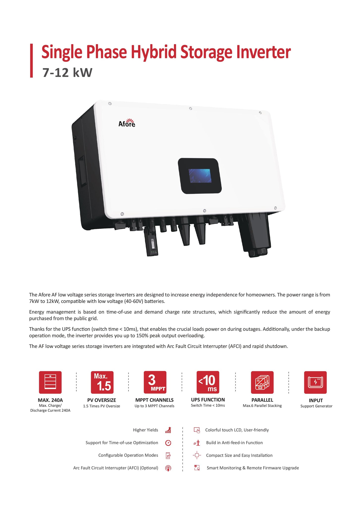 Afore Hybrid ON / OFF Grid Solar Inverter 8kw / 10kw / 12kw