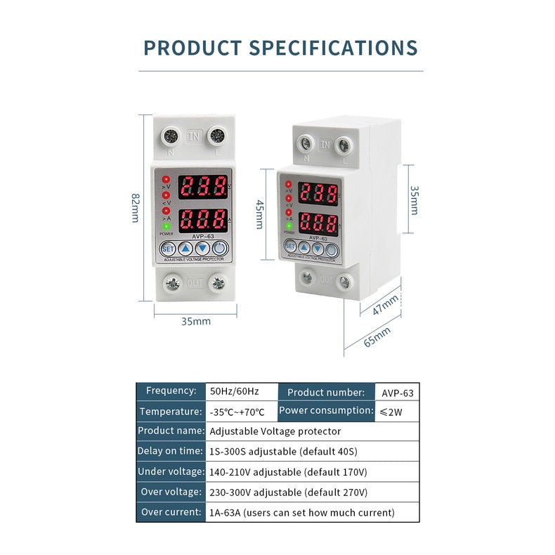 Digital Over & Under Voltage & Amp Protector 2P 40A / 63A / 80A